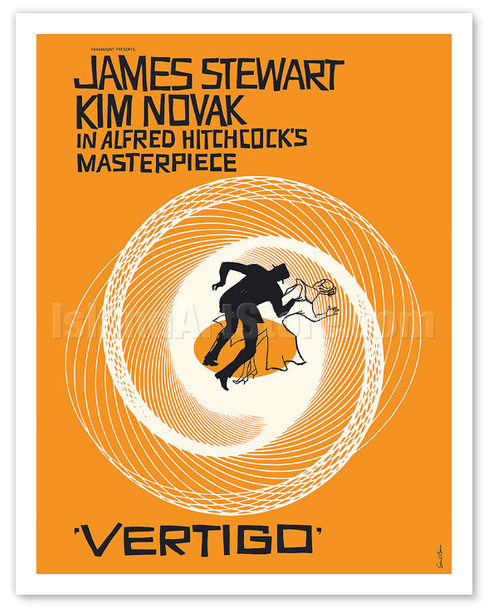 Alfred Hitchcock’s Vertigo - Starring James Stewart and Kim Novak - c. 1958 - Poster by Saul Bass