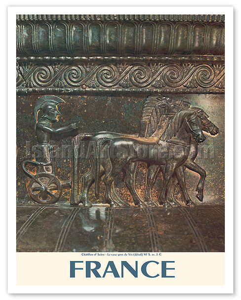 France - Châtillon-sur-Seine - Horse and Carriage Engraving - c. 1960's - Vintage Travel Poster