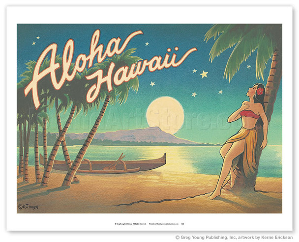 Aloha Hawaii - Full Moon over Diamond Head - Poster by Kerne Erickson