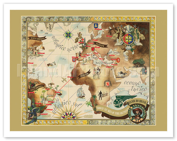 Bandeirante Fleet Air Route World Map - Panair Do Brasil - Pan American - c. 1947