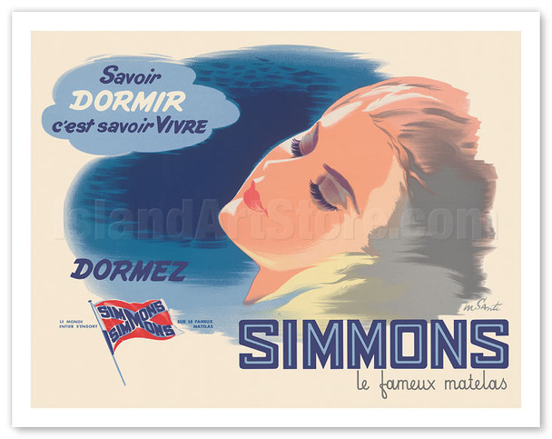 Sleep Simmons the Famous Mattress (Dormez Simmons le Fameux Matelas) - c. 1950's - Poster by Marcel Santi