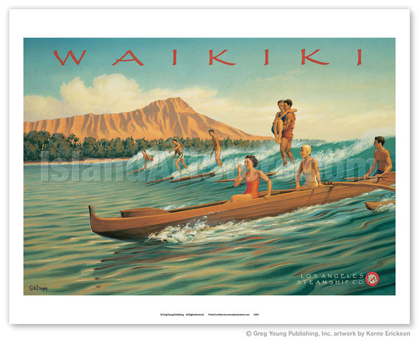 Waikiki, Hawaii - Surf Riders - Los Angeles Steamship Company - Diamond Head Crater - Poster by Kerne Erickson