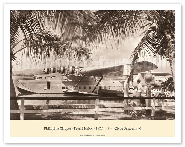 The "Phillipine Clipper" (Martin M-130) - Pearl Harbor Hawaii 1935 - Pan American Airways - Poster by Clyde Sunderland