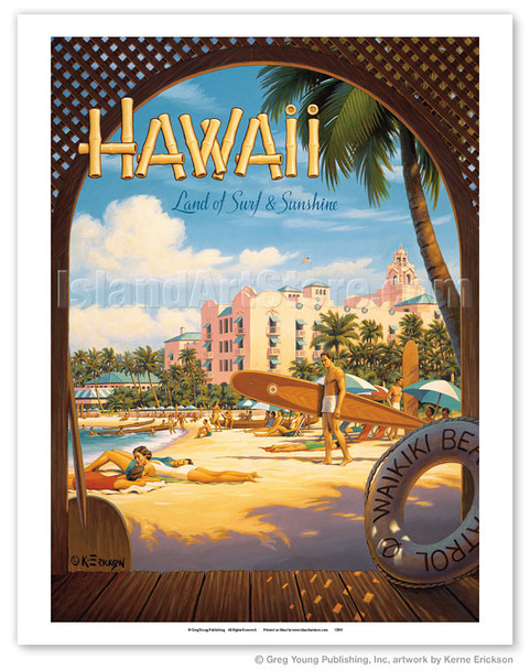 Hawaii, Land of Surf & Sunshine - Waikiki Beach - The Royal Hawaiian Hotel (Pink Palace of the Pacific) - Poster by Kerne Erickson
