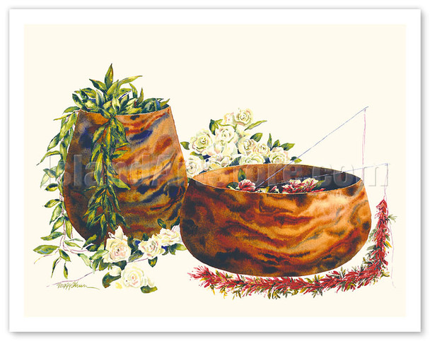 Gift From The Heart - Hawaiian Leis and Koa Wood Bowls - Poster by Peggy Chun
