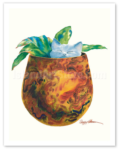 Popoki Hinahina - Hawaiian Gray Cat in a Koa Wood Bowl - Poster by Peggy Chun