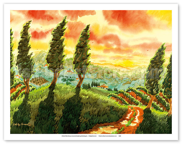 Red Sky over Tuscany Italy - Italian Vineyards, Cypress Trees - Poster by Robin Wethe Altman