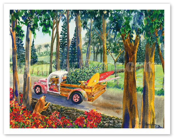 Upcountry Cargo - Hawaiian Truck with Surfboards, Dogs, Christmas Tree - Poster by Peggy Chun