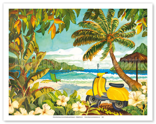 Yellow Scooter in Paradise - Tropical Beach Ocean View - Hawaii - Hawaiian Islands