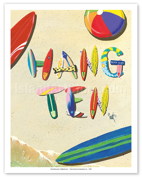 Hang Ten - Beach Sand Surfboard Art - Poster by Scott Westmoreland