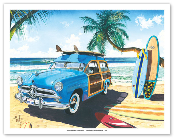 Old Friends - Retro Woodie on Beach with Surfboards - Poster by Scott Westmoreland