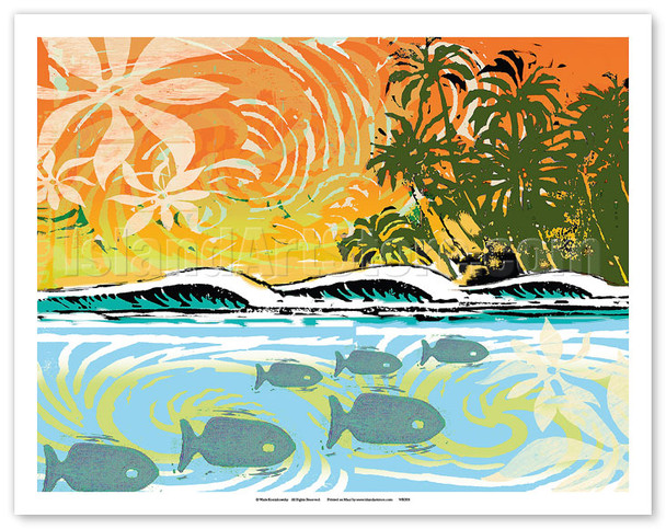 Aloha Woodcut - Hawaii Wave, Fish and Palm Trees