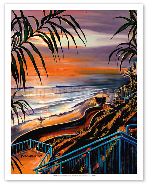 Surfer at Sunset - Californian Beach - Poster by Wade Koniakowsky