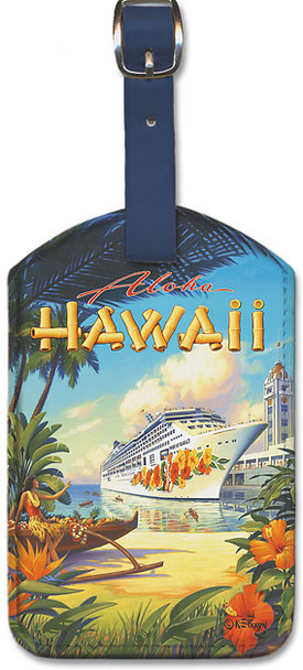 Pride of Hawaii Cruise Ship - Aloha Towers, Honolulu Harbor by Kerne Erickson - Hawaiian Leatherette Luggage Tag