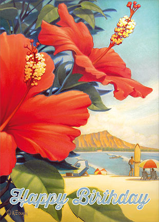 Hibiscus Beach Day by Kerne Erickson - Hawaiian Happy Birthday Greeting Card