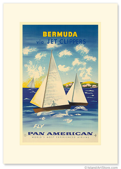 Pan Am, Bermuda Sailboats via Jet Clippers by David Pollak - Premium Vintage Collectible Greeting Card