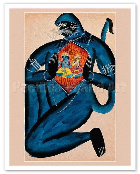 Hanuman Revealing Rama and Sita in his Heart - Kalighat Painting - c. 1800's