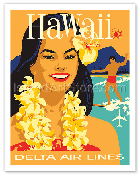 Delta Air Lines Hawaii - Woman with Lei & Surfer - Vintage Hawaiian Airline Travel Poster