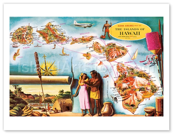 Aloha Airlines Route Map of the Hawaiian Islands by Don Allison
