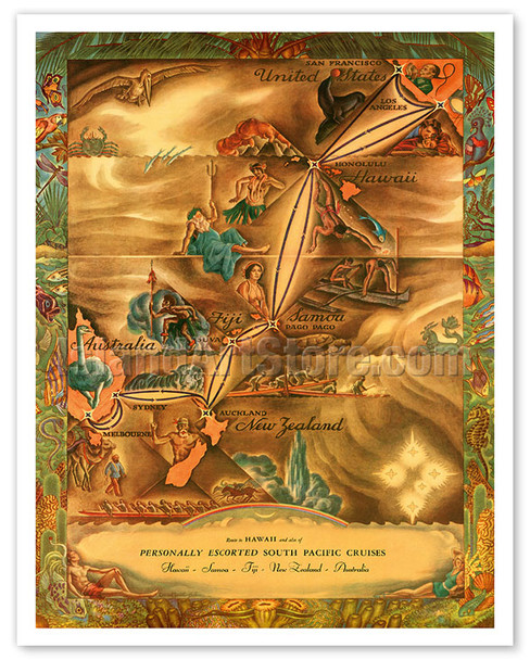 South Pacific Route Map - Hawaii, Samoa, Fiji, Australia, New Zealand - c. 1935 - Poster by Ernest Hamlin Baker