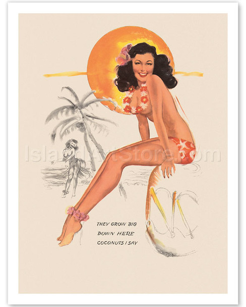 Hawaiian Topless Pin Up Girl - They Grow Big Down Here... Coconuts I Say! - Poster by Jerry T.N. Thompson