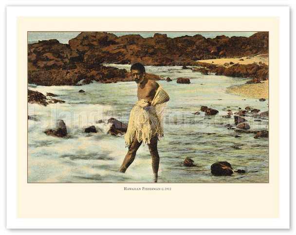 Hawaiian Net Fisherman (Lawai'a) - c. 1912 - Vintage Hand-colored Photograph