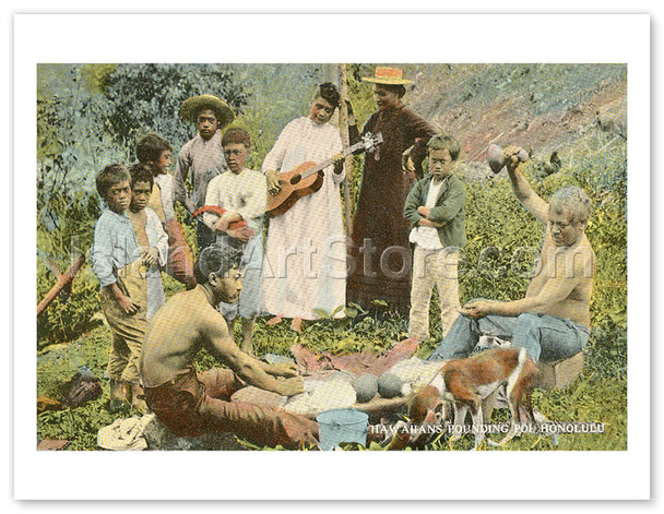 Native Hawaiians Pounding Poi, Honolulu - T.H. Territory of Hawaii - Vintage Hawaiian Postcard