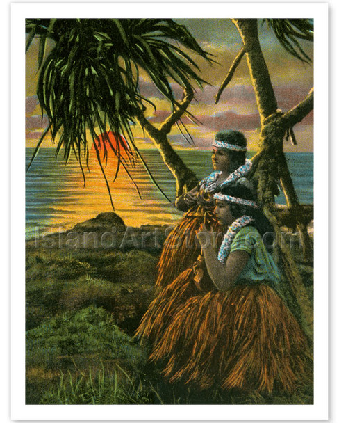 Sunset Hilo, T.H. Territory of Hawaii - Native Hawaiian Hula Girls Playing Ukelele
