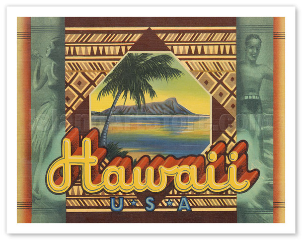 Hawaii, USA - Hawaiian Hula Dancer, Surfer & Diamond Head - c. 1937 - Vintage Travel Poster