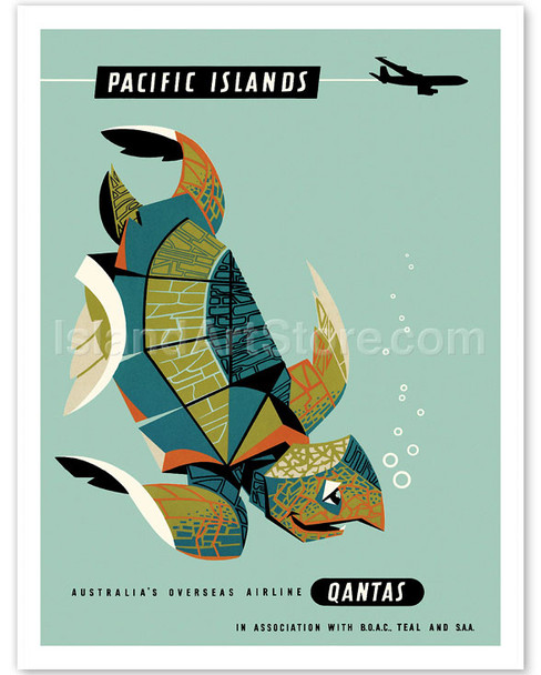 Pacific Islands - Qantas Airways - Green Sea Turtle - Poster by Harry Rogers