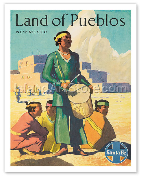 Santa Fe Railroad, Land of Pueblos, Native American Indians, New Mexico - Vintage Railroad Travel Poster