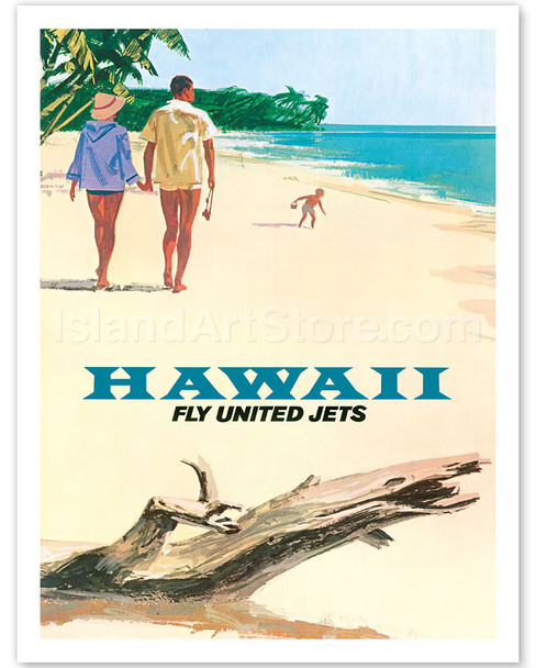 Hawaii - Fly United Jets - United Air Lines - Walking on the Beach - Vintage Hawaiian Travel Poster
