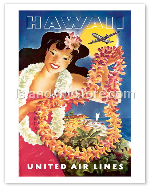 Hawaii, United Air Lines, Hawaiian Girl with Leis - Poster by Joseph Fehér