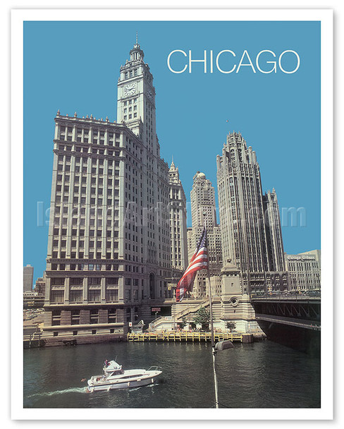 Chicago, Illinois - The Wrigley Building and Tribune Tower - Vintage Airline Travel Poster