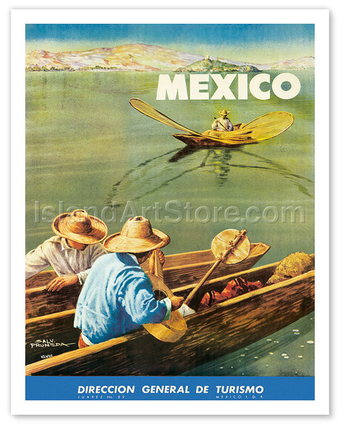 Direccion General de Turismo: Lake Chapala, Mexico, Men in Canoes - Poster by Salvador Pruneda