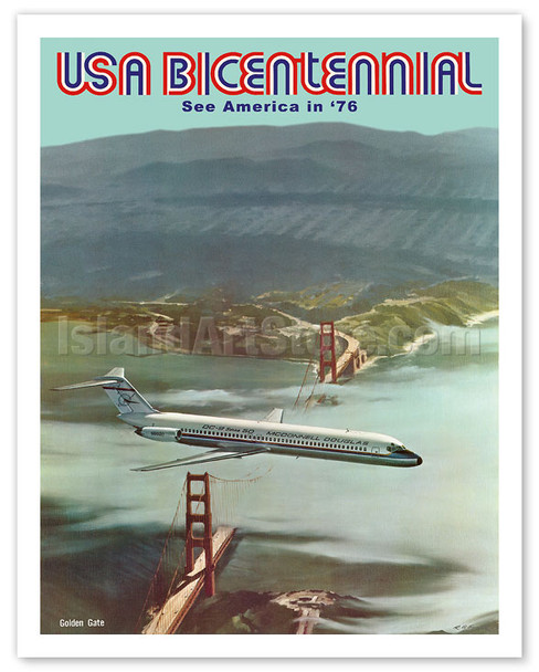 USA Bicentennial - Golden Gate Bridge - See America in '76 - McDonnell Douglas DC-9 - Poster by Robert Grant Smith