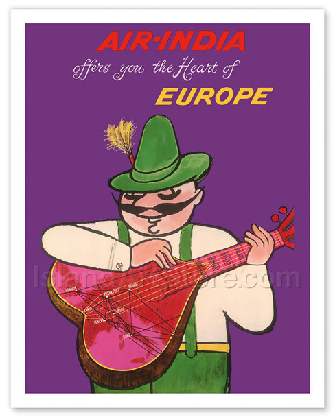 Air India - Offers you the Heart of Europe - Air India's Mascot Maharajah in Bavarian Lederhosen - Poster by Umesh Rao