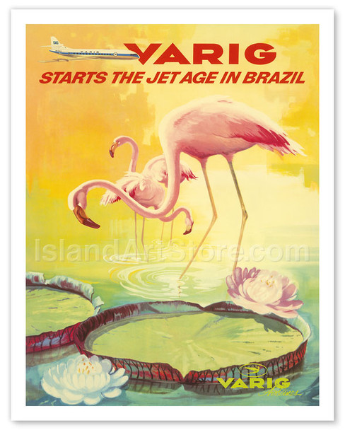 Brazil - Varig starts the jet age in Brazil - Flamingos - Vintage Airline Travel Poster