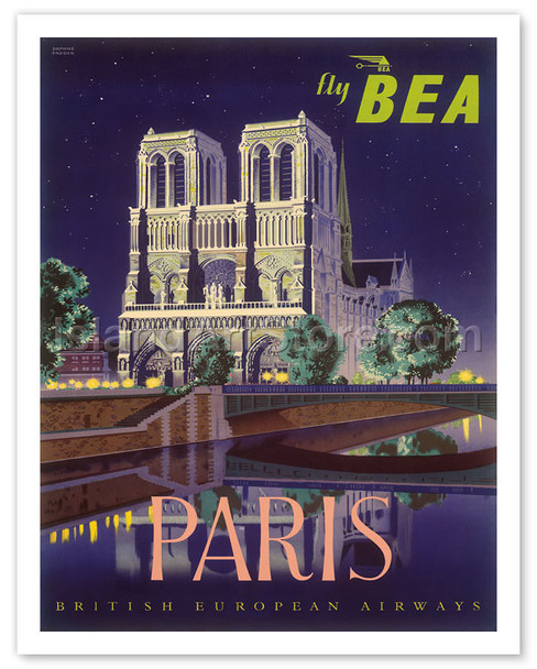 Paris - Notre Dame Cathedral by Moonlight - Fly BEA (British European Airways) - Poster by Daphne Padden