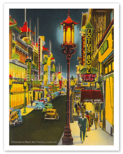 San Francisco, California - Chinatown at Night - c. 1950's - Vintage Illustration