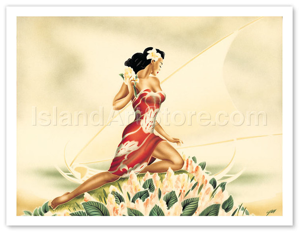 Wahine in Red, Hawaiian Woman with Outrigger Canoe - Poster by Gill