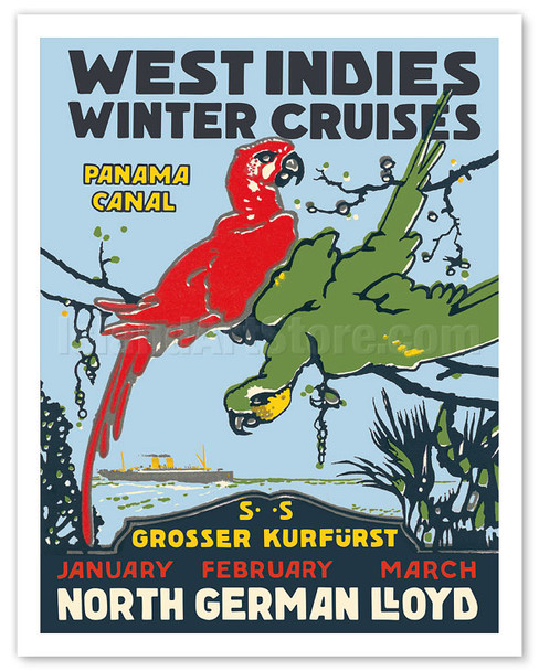 West Indies - Winter Cruises - Panama Canal - North German Lloyd NDL - Red and Green Parrots - c. 1913 - Vintage Cruise Ship Travel Poster