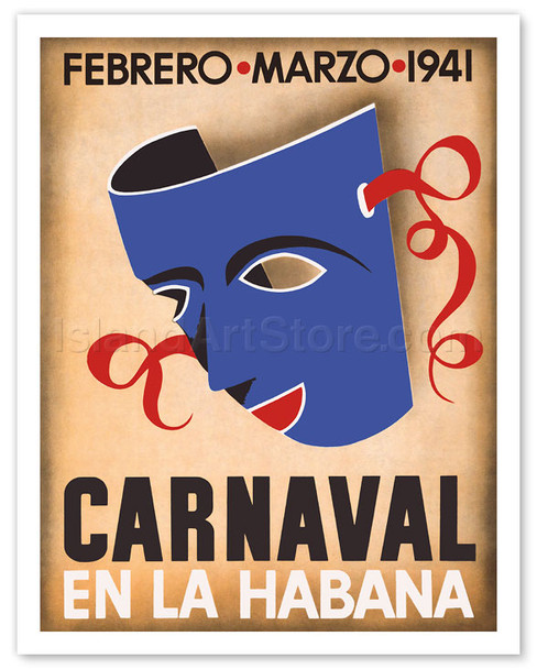 Cuba - Carnaval en la Habana (Carnival in Havana) 1941 - Blue Mask - Vintage Travel Poster