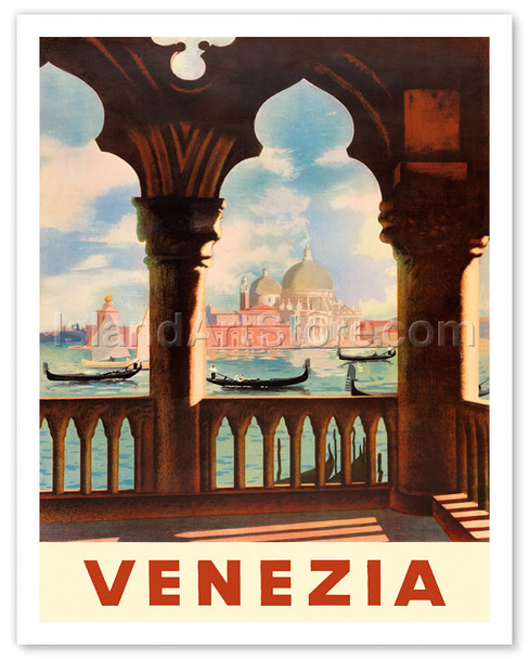 Venezia (Venice), Italy - Gondolas on Grand Canal - St. Mark's Basilica (Basilica di San Marco) - Vintage Travel Poster