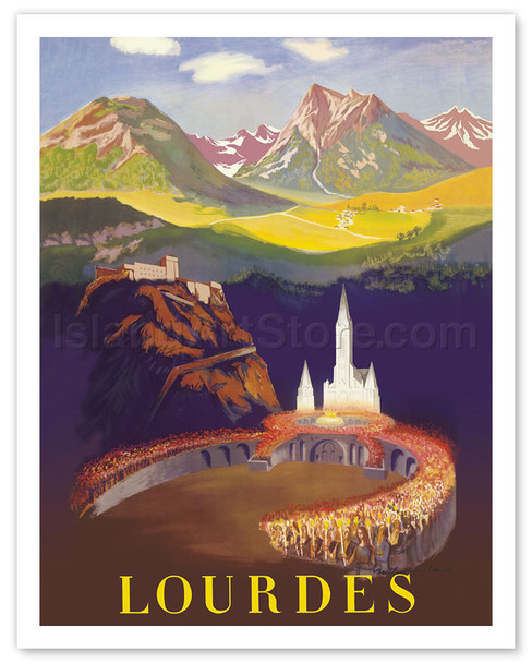 Lourdes, France - Torchlight Marian Procession - Basilica Our Lady of Lourdes - Vintage Travel Poster