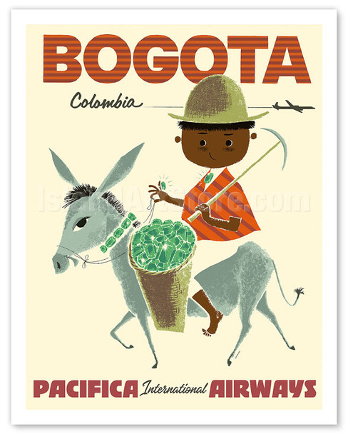 Bogota, Colombia - Pacifica International Airways - Andes Boy with Colombian Emeralds - c. 1950's - Poster by Sokoloff