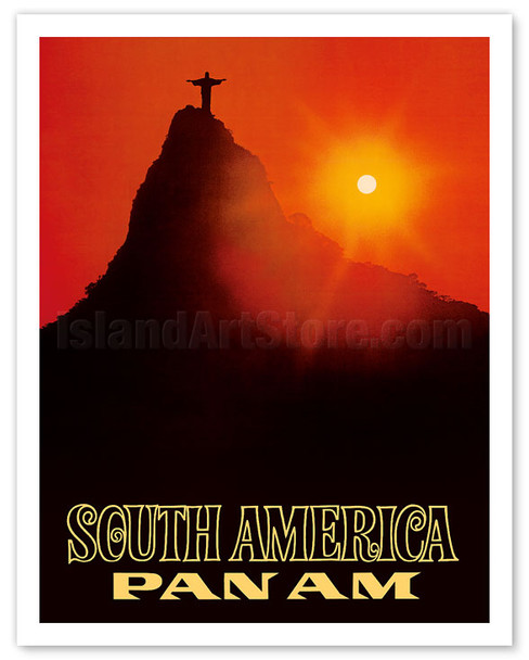 South America - Pan American World Airways - Rio De Janerio, Brazil - Christ the Redeemer Statue - Vintage Airline Travel Poster