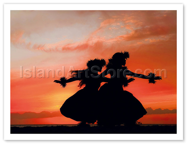 Hula Sisters, Hawaiian Hula Dancers at Sunset - Poster by Randy Jay Braun
