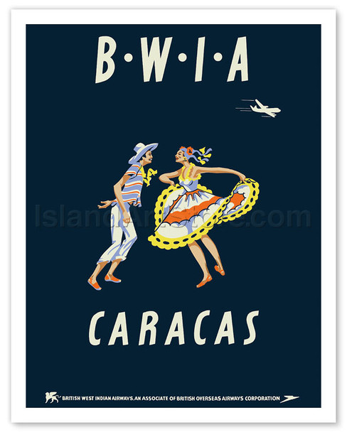 Caracas, Venezuela - British West Indies Airways BWIA (Bee-Wee) Traditional Venezuelan dancers - Vintage Airline Travel Poster
