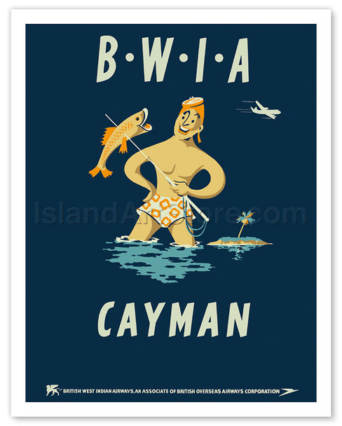 Cayman Islands - British West Indies Airways BWIA (Bee-Wee) Spear Fisherman - Vintage Airline Travel Poster